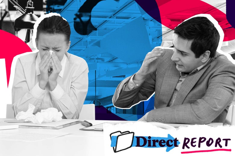 Photo illustration of a sick employee contaminating other co-workers around them.